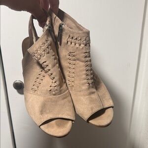 Peep Toe Woven Suede Heeled Sandals - Taupe